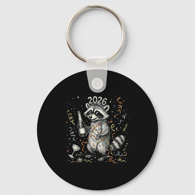 Happy New Year Raccoon With Champagne Funny New Ye Keychain (Front)