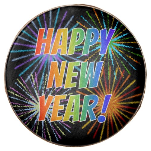 HAPPY NEW YEAR Rainbow Text Fireworks Pattern Chocolate Covered Oreo