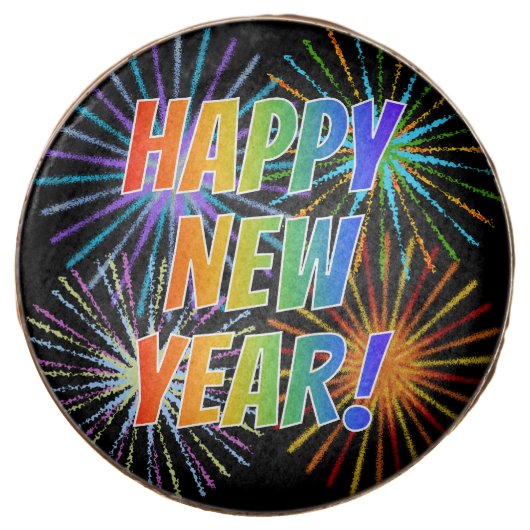 "HAPPY NEW YEAR!" Rainbow Text, Fireworks Pattern Chocolate Covered Oreo (Front)