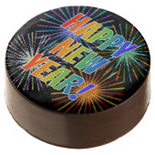 "HAPPY NEW YEAR!" Rainbow Text, Fireworks Pattern Chocolate Covered Oreo (Angled)