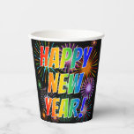 [ Thumbnail: "Happy New Year!" Rainbow Text, Fireworks Pattern Paper Cups ]
