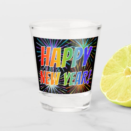HAPPY NEW YEAR Rainbow Text  Fireworks Pattern Shot Glass