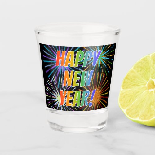 HAPPY NEW YEAR Rainbow Text Fireworks Pattern Shot Glass