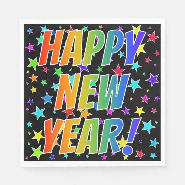 "HAPPY NEW YEAR!" Rainbow Text, Stars Pattern Napkins (Front)