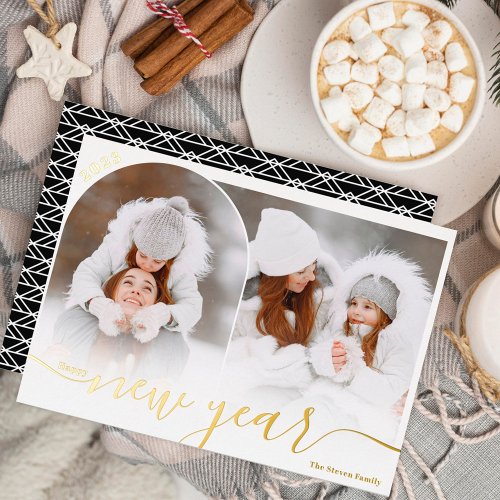 Happy New Year red 2 photo arch overlay collage Foil Holiday Card