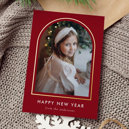 Happy New Year Red Arch Photo Foil Holiday Card