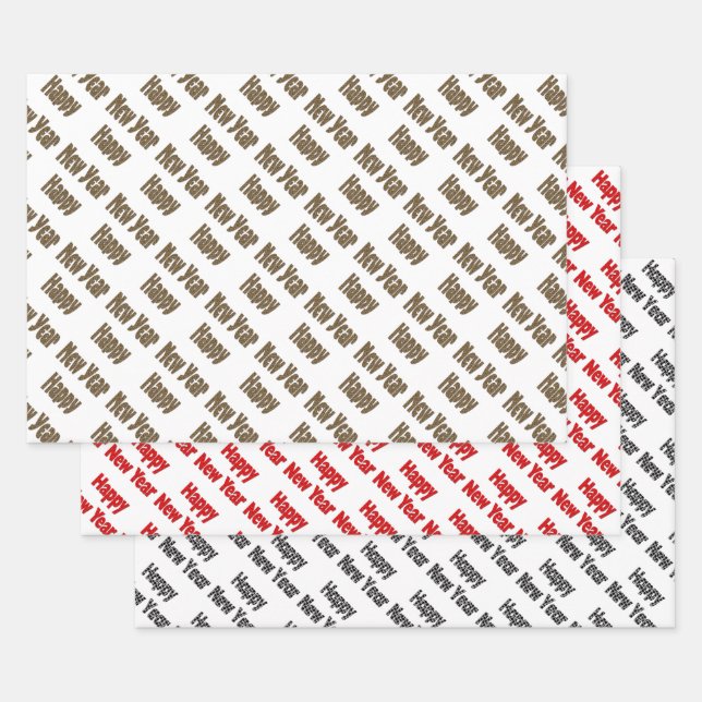 Happy New Year Red Black Yellow Text Wrapping Paper Sheets (Set)