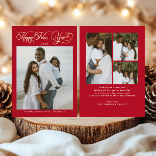 Happy New Year Red Family 4 Photo Collage Foil Holiday Card