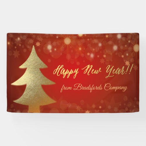 Happy New Year Red  Gold Christmas Tree Banner