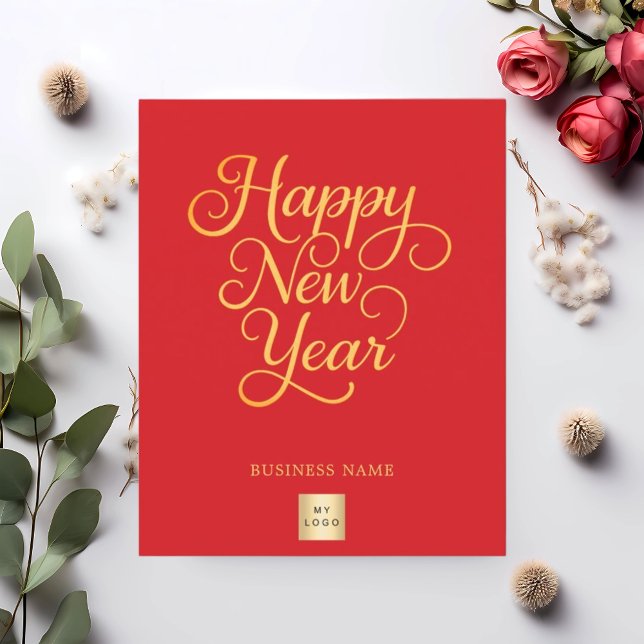 Happy New Year red gold script business logo card (Creator Uploaded)
