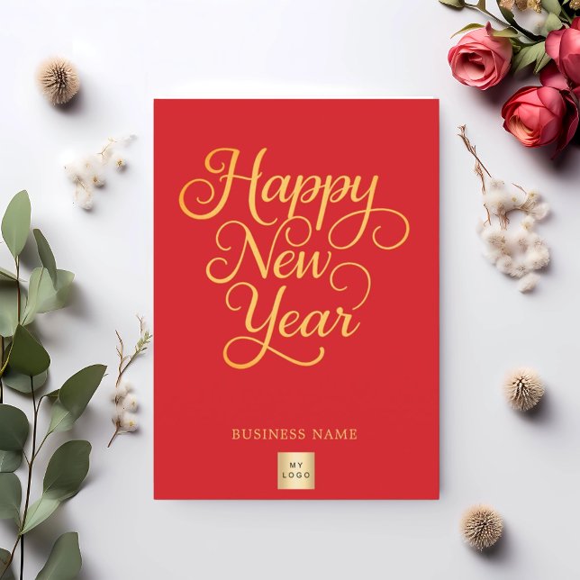 Happy New Year red gold script business logo Holiday Card (Creator Uploaded)