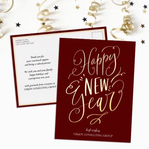 Happy New Year Red Gold Script Modern Business Foil Holiday Postcard