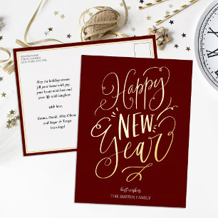 Happy New Year Red Gold Script Modern Non Photo Foil Holiday Postcard