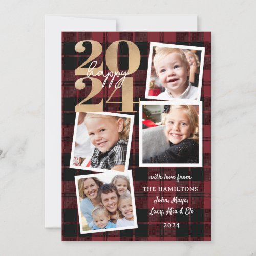 Happy New Year Red Plaid Collage Invitation