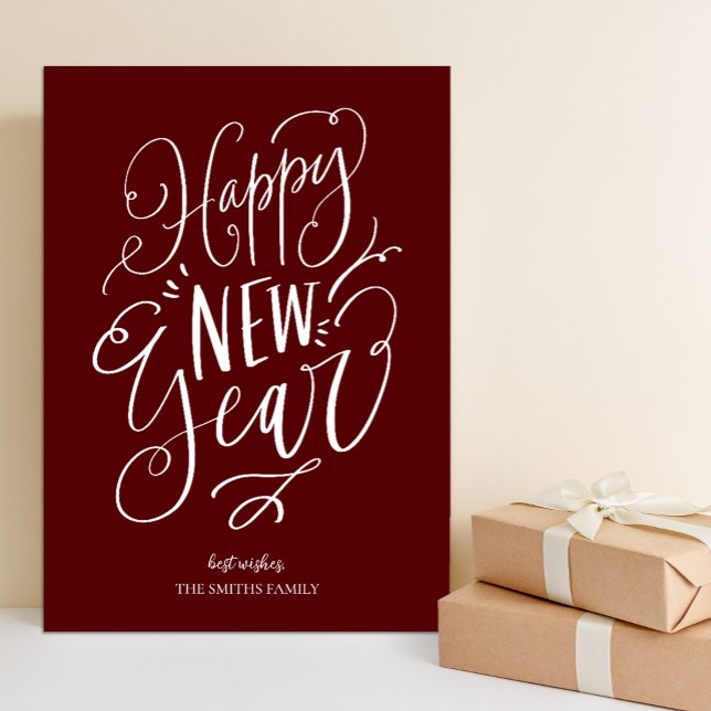 Happy New Year Red Script Modern Non Photo Holiday Card (Creator Uploaded)