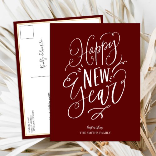 Happy New Year Red Script Modern Non Photo Holiday Postcard