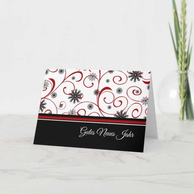 Happy New Year Red White Black Snowflakes German Holiday Card (Front)