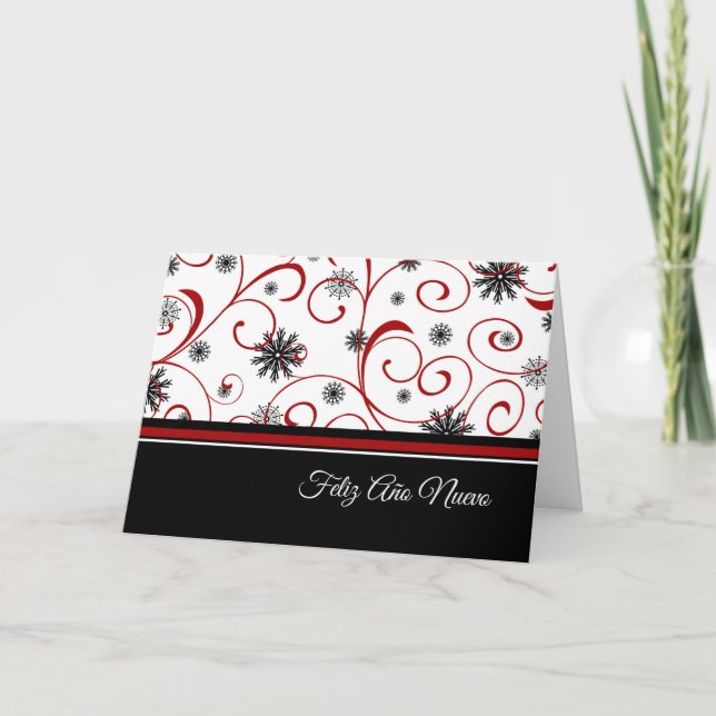 Happy New Year Red White Black Snowflakes Spanish Holiday Card (Front)