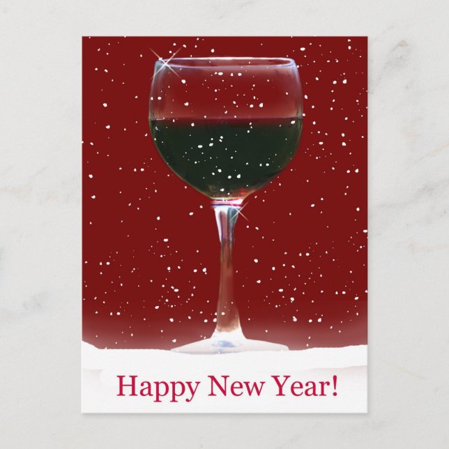 Happy New Year Red Wine and Snow Postcard (Front)