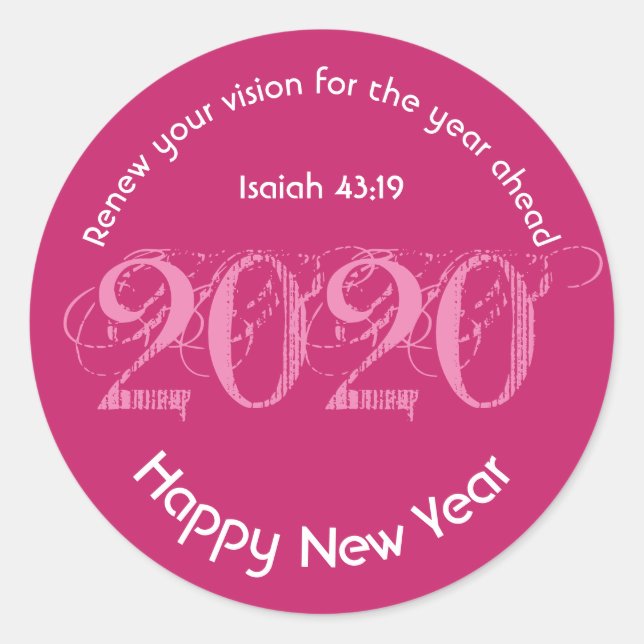 Happy New Year RENEW VISION 2020 Stylish PINK Classic Round Sticker (Front)
