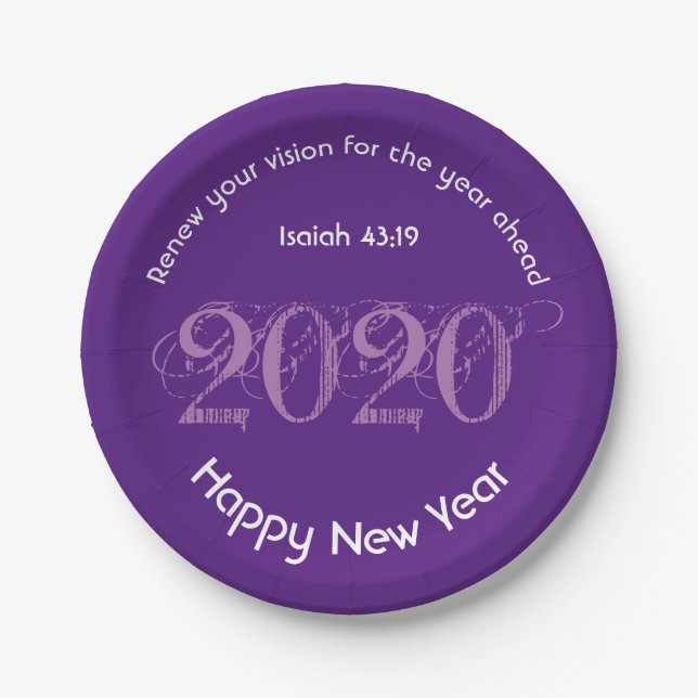 Happy New Year RENEW VISION 2020 Stylish PURPLE Paper Plates (Front)