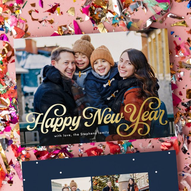 Happy New Year retro script four photo Foil Holiday Card (Creator Uploaded)