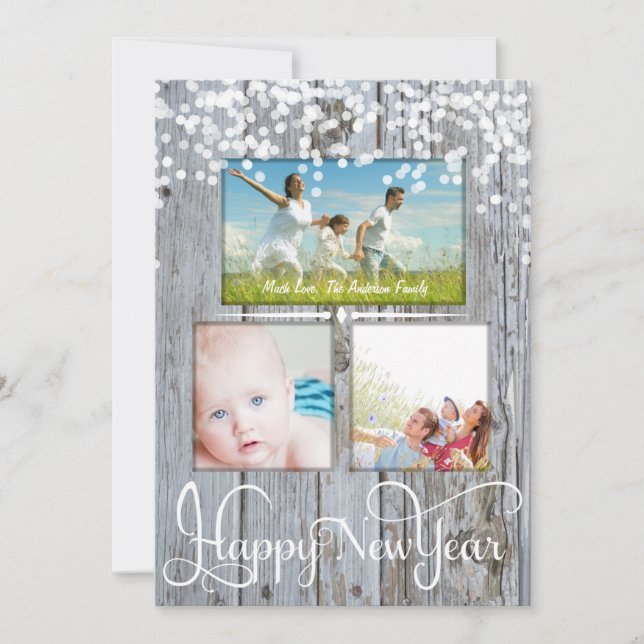 Happy New Year Rustic Wood Sparkle Stars Christmas Holiday Card (Front)
