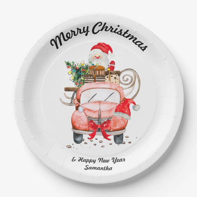 Happy new year Santa truck merry Christmas Paper Plates