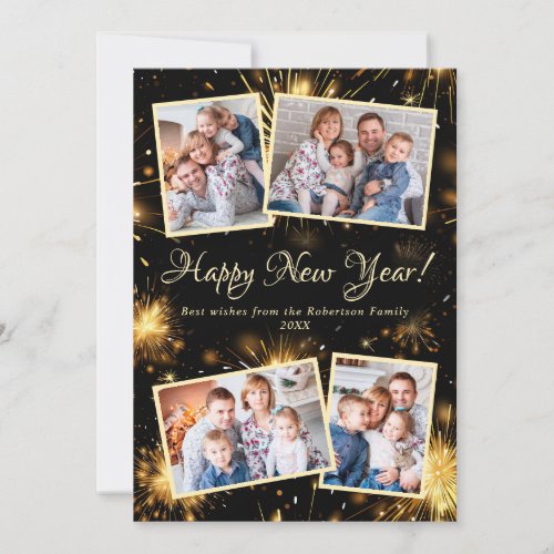 Happy New Year Script 4 Photo Black Fireworks Holiday Card