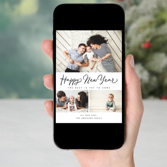 Happy New Year Script Black 3 Collage Multi-Photo Holiday Card (Front Digital)