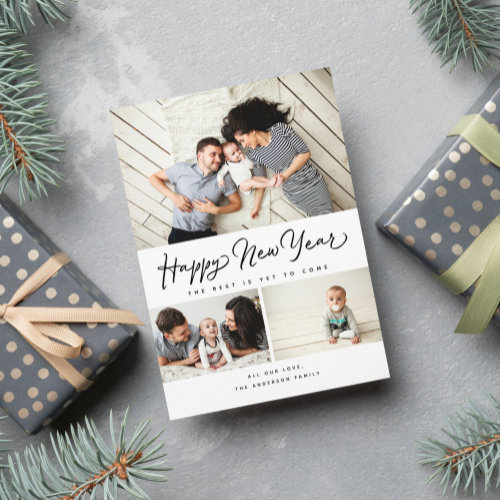 Happy New Year Script Black 3 Collage Multi-Photo Holiday Card Happy New Year Script Black 3 Collage Multi-Photo Holiday Card