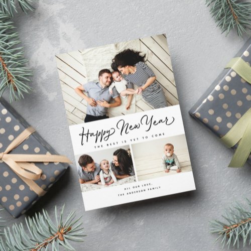 Happy New Year Script Black 3 Collage Multi_Photo Holiday Card