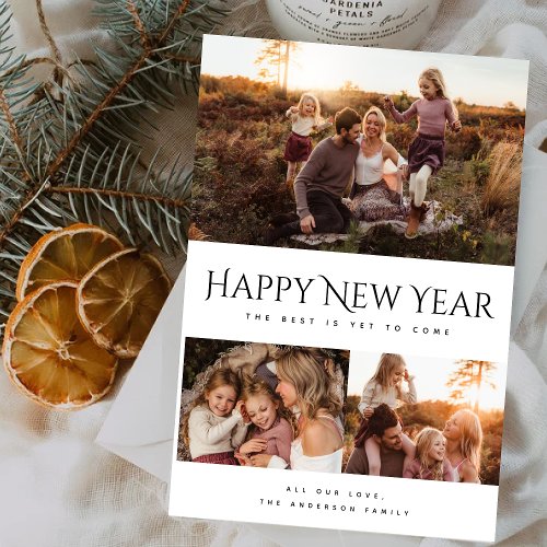 Happy New Year Script Black 3 Collage Multi_Photo Holiday Card