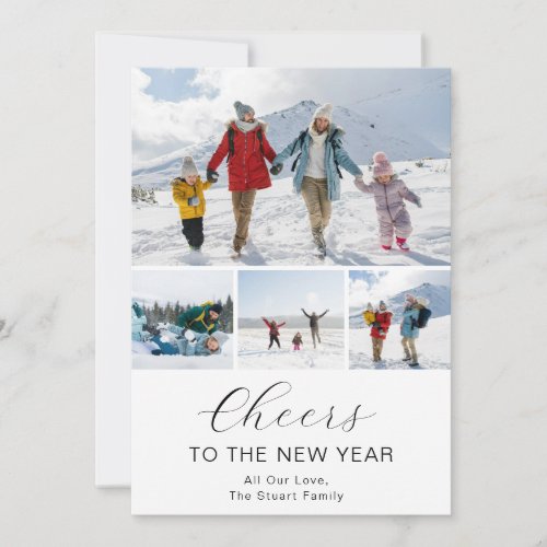 Happy New Year Script Black Collage Multi-Photo Holiday Card