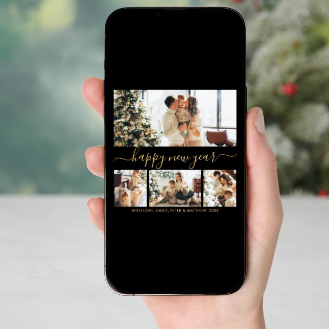 Happy New Year Script Black Gold 4 Photo Collage Holiday Card (Front Digital)