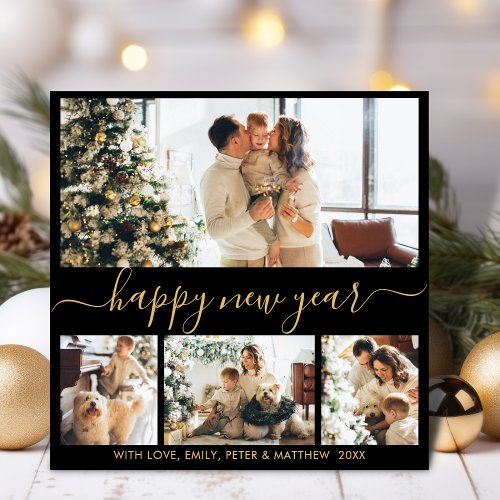 Happy New Year Script Black Gold 4 Photo Collage Holiday Card