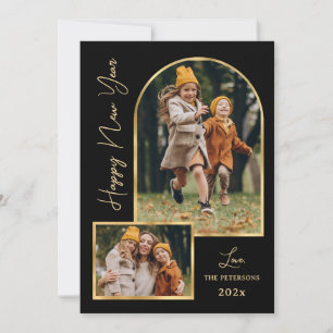 Happy New Year Script Black Gold Arch 3 Photo Holiday Card