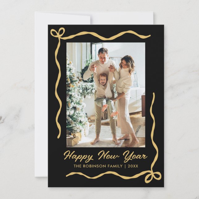 Happy New Year Script Black Gold Gold Bow 2 Photo Holiday Card (Front)