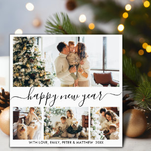 Happy New Year Script Black White 4 Photo Collage Holiday Card