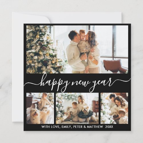 Happy New Year Script Black White Photo Collage Holiday Card