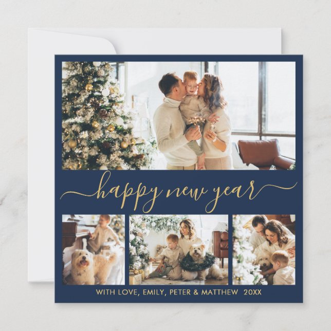 Happy New Year Script Blue Gold 4 Photo Collage Holiday Card (Front)