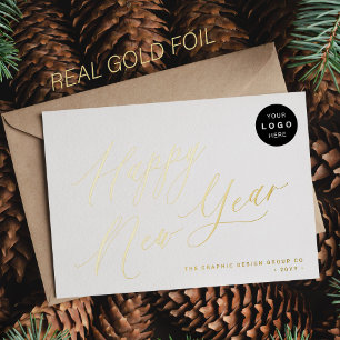 Happy New Year script business LOGO 2027 gold Foil Holiday Card