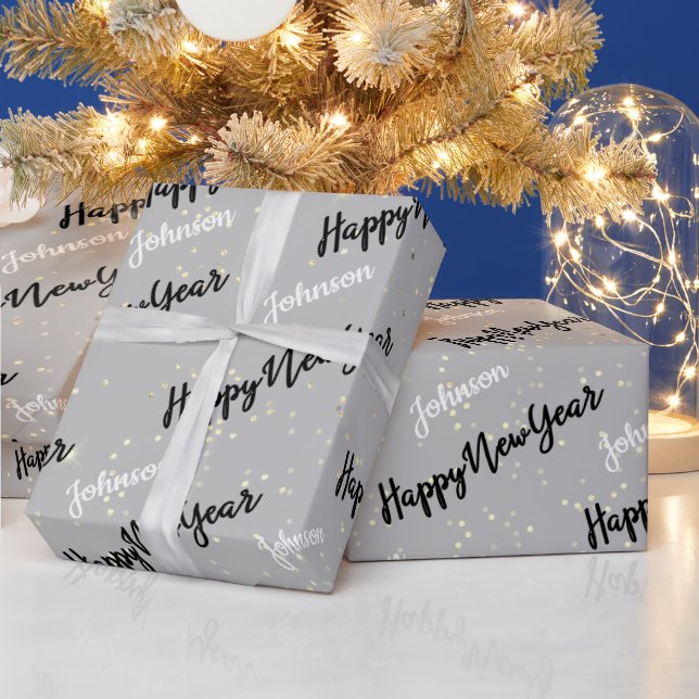 Happy New Year Script Custom Name Gray Gold  Wrapping Paper (Holidays)