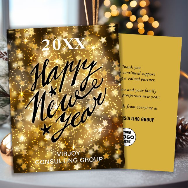 Happy New Year Script Festive Gold Stars Business Holiday Card (Creator Uploaded)