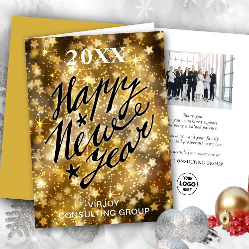 Happy New Year Script Festive Gold Stars Business Holiday Card
