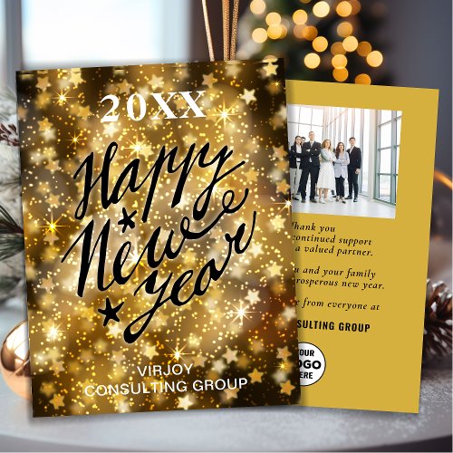 Happy New Year Script Festive Gold Stars Business Holiday Card