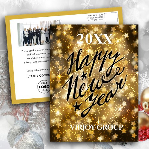 Happy New Year Script Festive Gold Stars Business Postcard