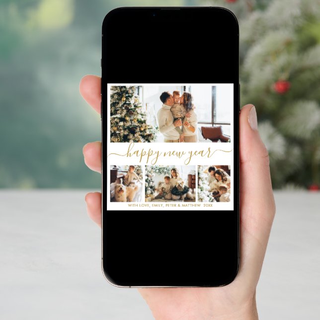 Happy New Year Script Gold White 4 Photo Collage Holiday Card (Front Digital)