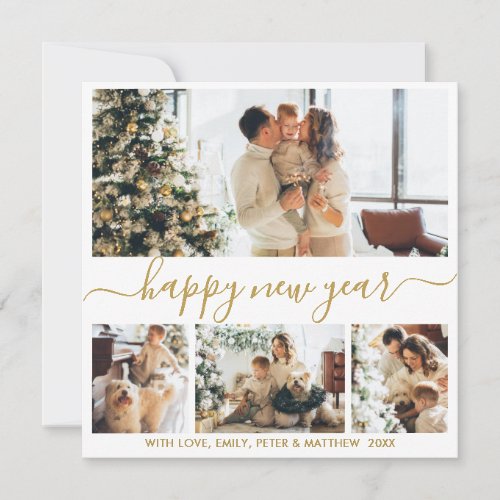 Happy New Year Script Gold White 4 Photo Collage Holiday Card