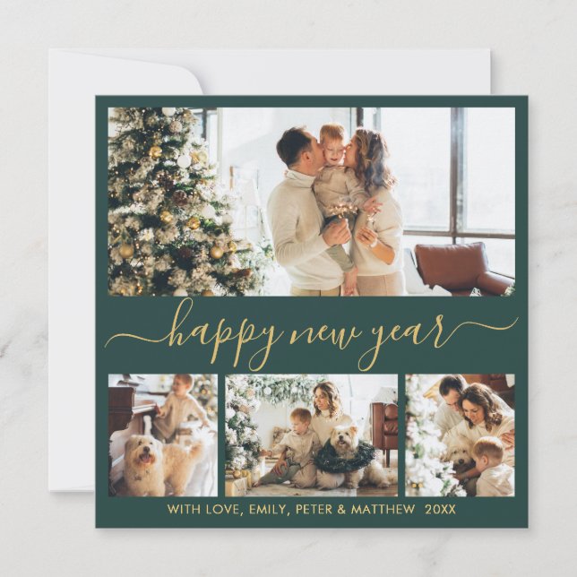 Happy New Year Script Green Gold 4 Photo Collage Holiday Card (Front)